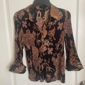 Vintage Pleated Paisley Blouse With Square Buttons Size Medium